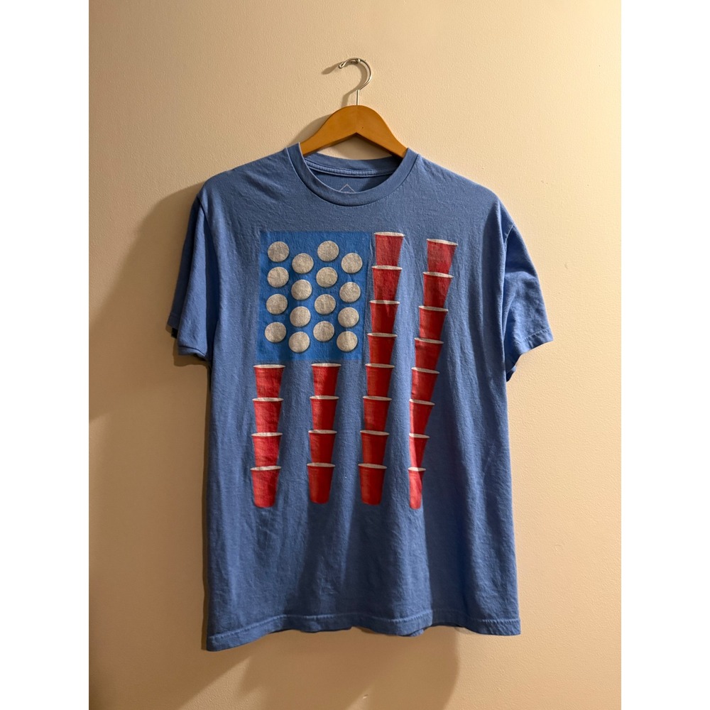 Well Worn Mens Blue Beer Pong American Flag Graphic T-Shirt Large